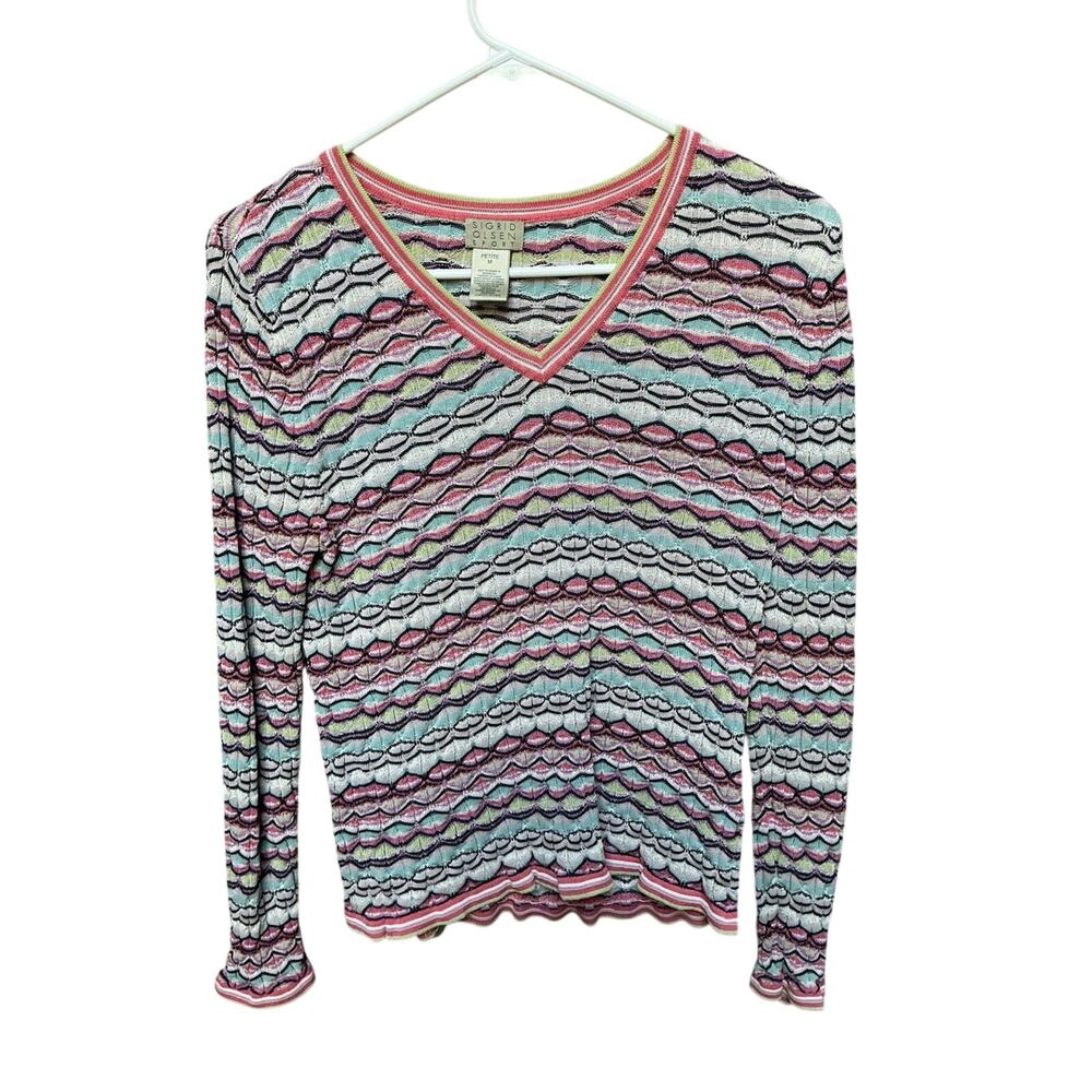 Sigrid Olsen Sport Petite M Long Sleeve Top Multicolor Silk Blend